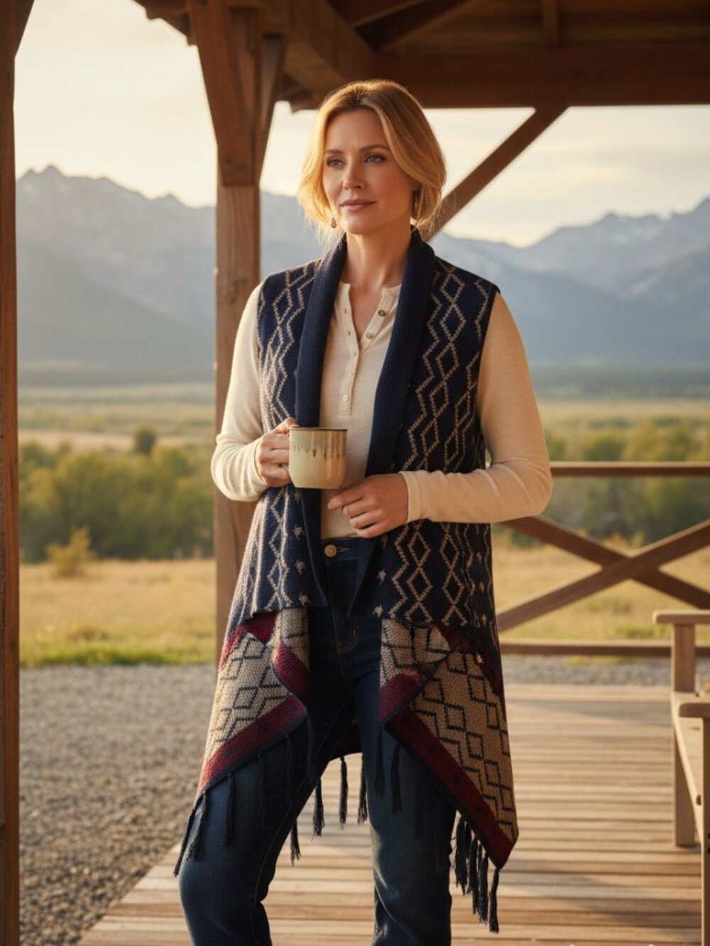 Geometric Knit Open-Front Sweater Vest With Fringe Hem Boho Chic, Southwestern,
